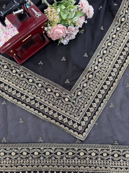 Black Tibby Silk Party Wear Saree with Sequin, Thread Work And Full Sleeve Blouse Silk Sarees Wholesale
