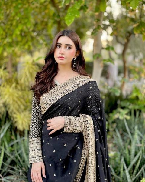 Black Tibby Silk Party Wear Saree with Sequin, Thread Work And Full Sleeve Blouse Silk Sarees Wholesale