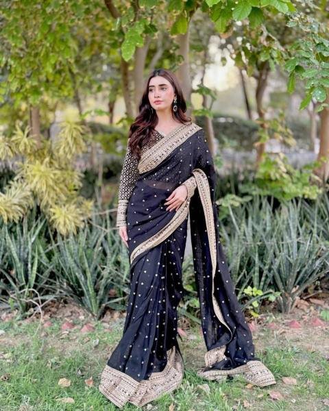 Black Tibby Silk Party Wear Saree with Sequin, Thread Work And Full Sleeve Blouse Silk Sarees Wholesale