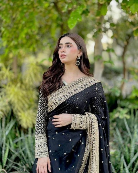 Black Tibby Silk Party Wear Saree with Sequin, Thread Work And Full Sleeve Blouse Silk Sarees Wholesale