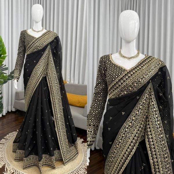 Black Tibby Silk Party Wear Saree with Sequin, Thread Work And Full Sleeve Blouse Silk Sarees Wholesale