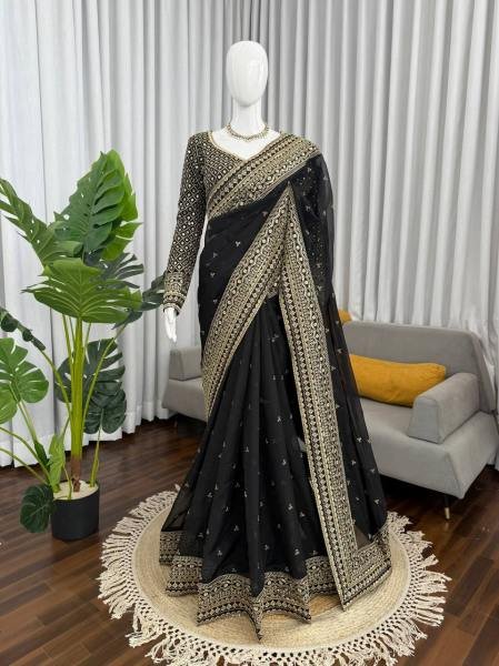Black Tibby Silk Party Wear Saree with Sequin, Thread Work And Full Sleeve Blouse Silk Sarees Wholesale