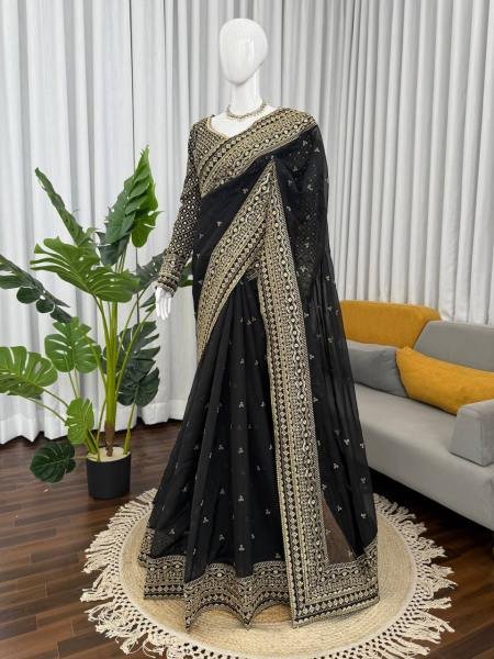 Black Tibby Silk Party Wear Saree with Sequin, Thread Work And Full Sleeve Blouse Silk Sarees Wholesale