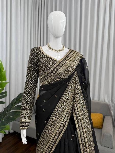 Black Tibby Silk Party Wear Saree with Sequin, Thread Work And Full Sleeve Blouse Silk Sarees Wholesale