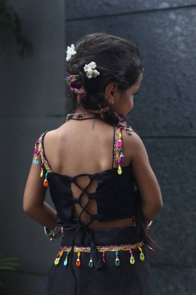 Black Traditional Roman Silk Kids Lehenga Choli Garba Night Special Girls Wear