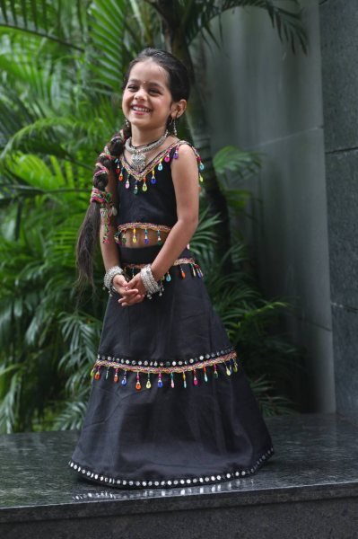 Black Traditional Roman Silk Kids Lehenga Choli Garba Night Special Girls Wear