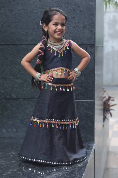 Black Traditional Roman Silk Kids Lehenga Choli Garba Night Special Girls Wear