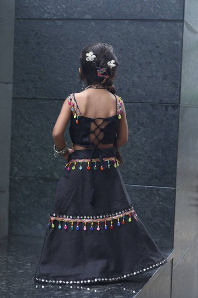 Black Traditional Roman Silk Kids Lehenga Choli Garba Night Special Girls Wear