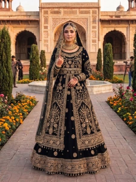 Black Velvet Wedding Lehenga with Embroidered Anarkali Top and Heavy Net Dupatta Wholesale Salwar Kameez Suppliers in New Zealand