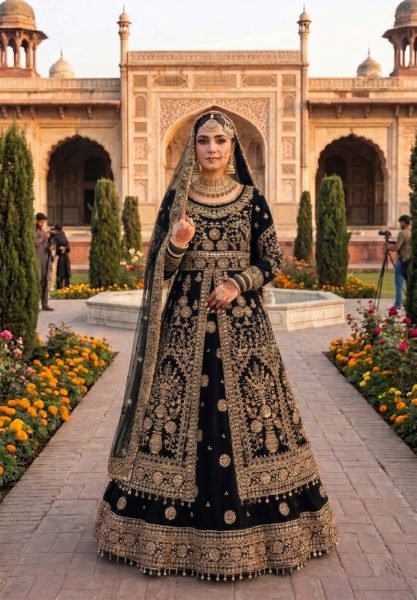 Black Velvet Wedding Lehenga with Embroidered Anarkali Top and Heavy Net Dupatta Wedding Bridal Dress Wholesale