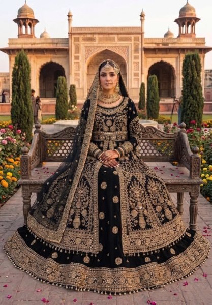 Black Velvet Wedding Lehenga with Embroidered Anarkali Top and Heavy Net Dupatta Wedding Bridal Dress Wholesale