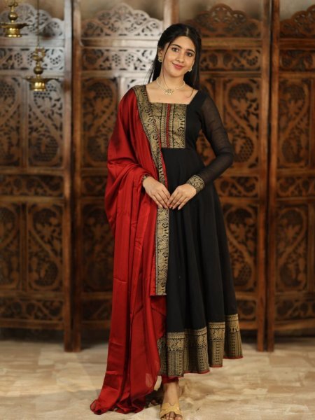 Black Vichitra Silk Suit with Jacquard Lace and Dupatta at Low Price Anarkali Kurtis 