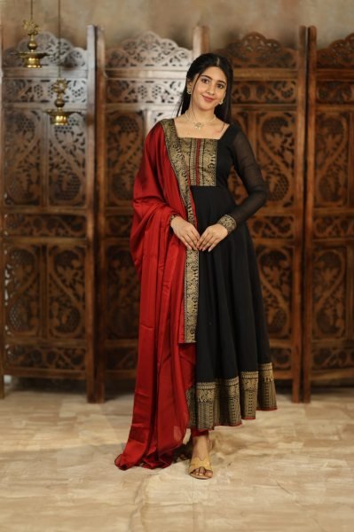 Black Vichitra Silk Suit with Jacquard Lace and Dupatta at Low Price Anarkali Kurtis 