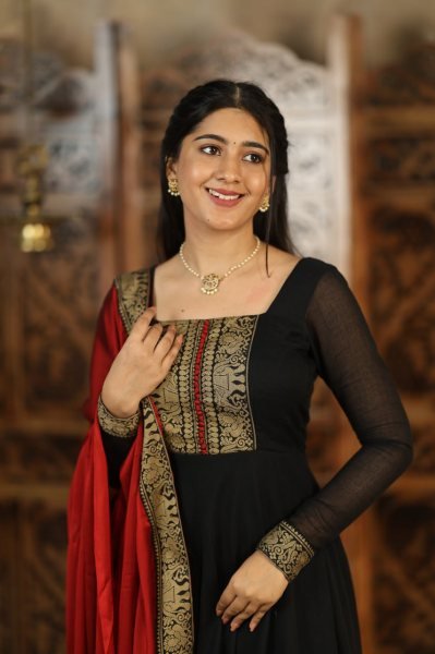 Black Vichitra Silk Suit with Jacquard Lace and Dupatta at Low Price Anarkali Kurtis 