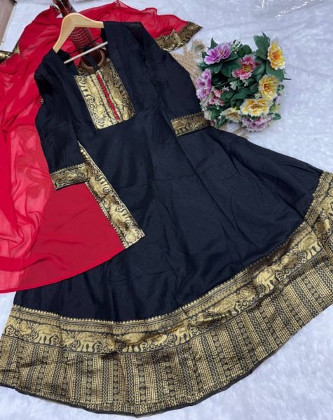 Black Vichitra Silk Suit with Jacquard Lace and Dupatta at Low Price Anarkali Kurtis 