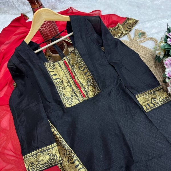 Black Vichitra Silk Suit with Jacquard Lace and Dupatta at Low Price Anarkali Kurtis 