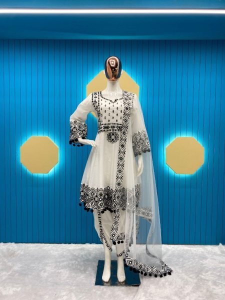 Black   White Coloured Beautiful Embroidery Suit  Embroidery Kurtis 