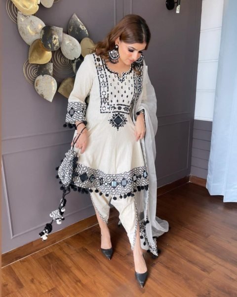 Black   White Coloured Beautiful Embroidery Suit  Embroidery Kurtis 