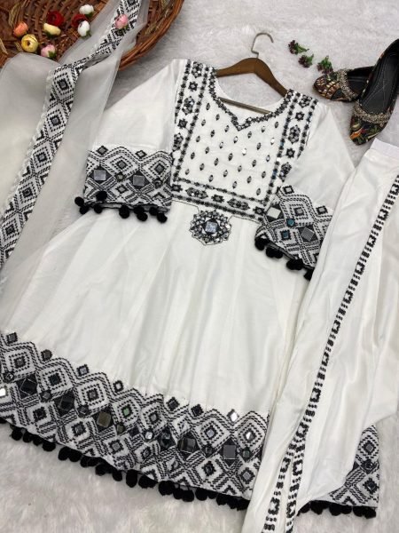 Black   White Coloured Beautiful Embroidery Suit  Embroidery Kurtis 