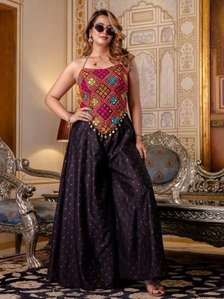 Black Women s Bangalori Silk Embroidered Top with Flared Pure Butti Palazzo Set 