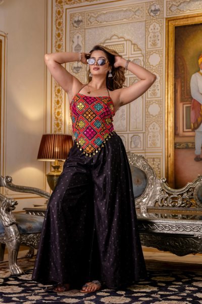 Black Women s Bangalori Silk Embroidered Top with Flared Pure Butti Palazzo Set Navratri Collection