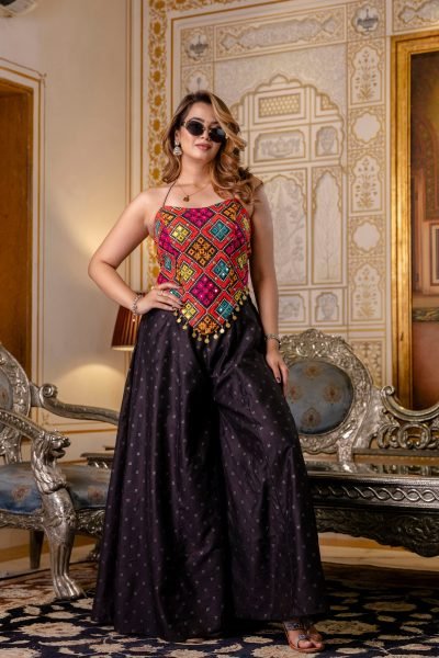 Black Women s Bangalori Silk Embroidered Top with Flared Pure Butti Palazzo Set Navratri Collection