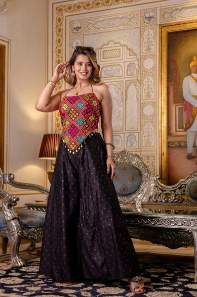 Black Women s Bangalori Silk Embroidered Top with Flared Pure Butti Palazzo Set Navratri Collection