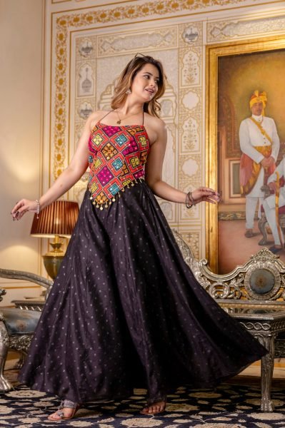 Black Women s Bangalori Silk Embroidered Top with Flared Pure Butti Palazzo Set Navratri Collection