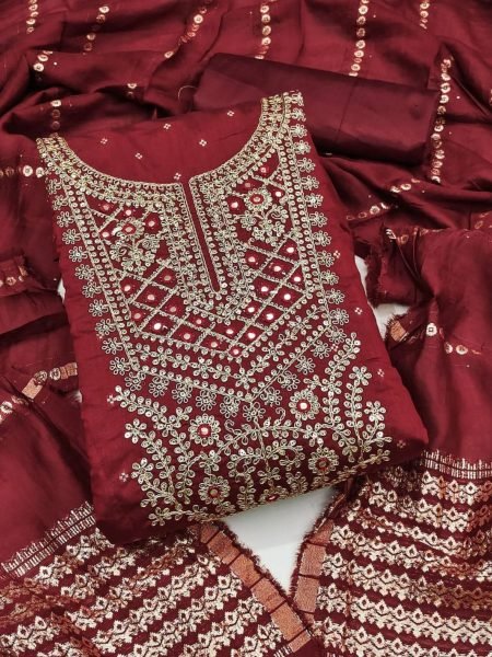 Bliss Flair White Heavy Chanderi Silk Embroidered Dress Material with Designer Neck  Floral Sequins   Butti Work Dress Material 