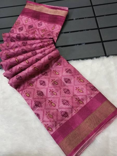 Block Print Cotton Saree With Zari Jacquard Border  