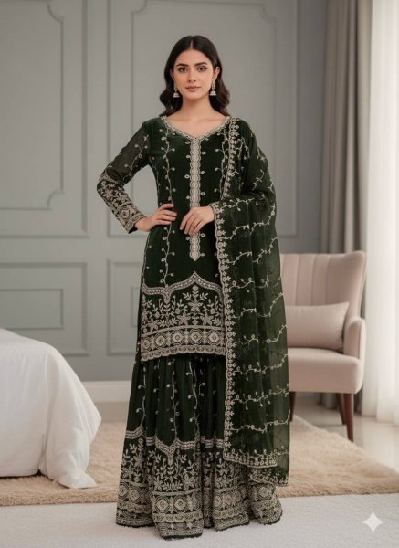 Bloom Green Fendy Silk Embroidered Kurti Plazzo Set with Heavy Dupatta for  Festival  Wear  Ready To Wear Collection