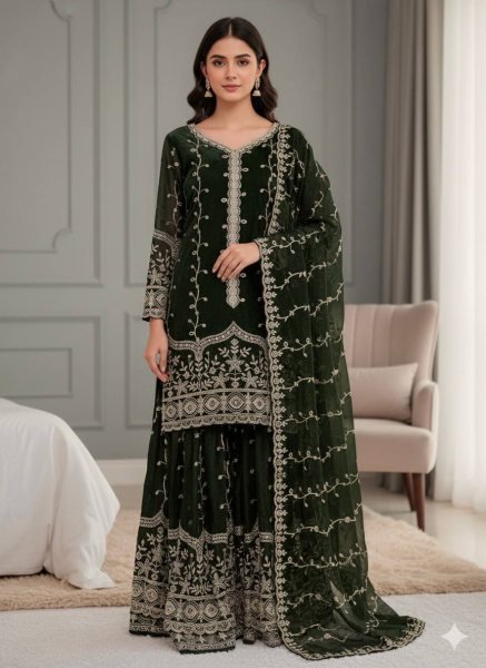Bloom Green Fendy Silk Embroidered Kurti Plazzo Set with Heavy Dupatta for  Festival  Wear  Ready To Wear Collection