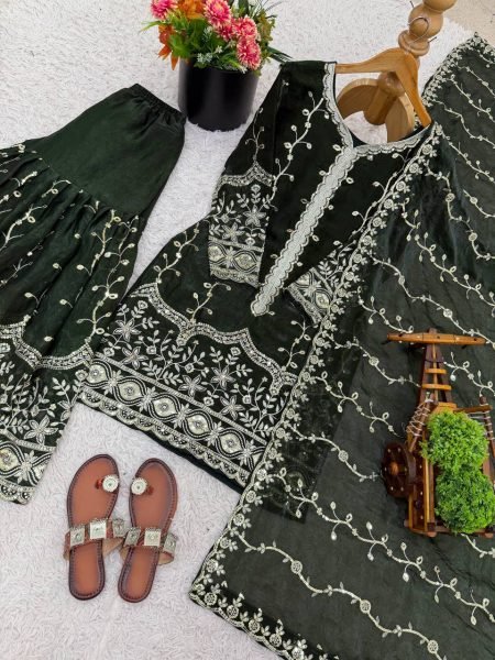 Bloom Green Fendy Silk Embroidered Kurti Plazzo Set with Heavy Dupatta for  Festival  Wear  Ready To Wear Collection