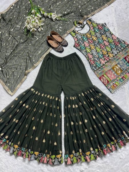 Bloom Faux Georgette Sequins Embroidered Sharara Set with Fancy Lace Dupatta for Party Wear  Ready To Wear Collection