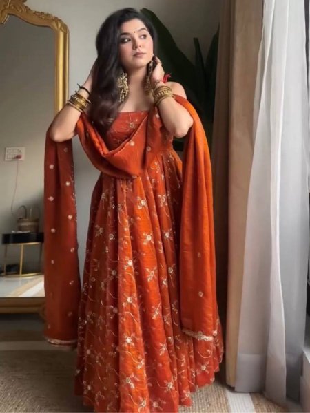 Bloom KesriyaNC Silk Kali Cut Silk   Thread   Sequins Work  Gown with Pant   Dupatta for Reseller  Ready To Wear Suit