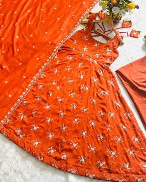 Bloom KesriyaNC Silk Kali Cut Silk   Thread   Sequins Work  Gown with Pant   Dupatta for Reseller  Anarkali Kurtis 