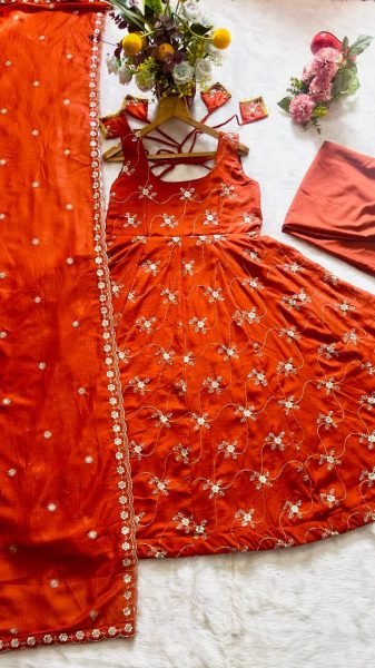 Bloom KesriyaNC Silk Kali Cut Silk   Thread   Sequins Work  Gown with Pant   Dupatta for Reseller  Anarkali Kurtis 