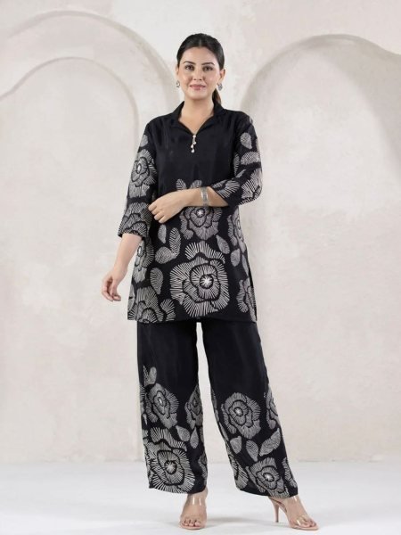 Blooming Black Fully Stitched Co Ord Set For Casual Wear for Exporter and Resellers CO ORD Sets