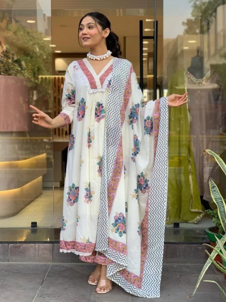 Blooming Cotton Kurti Set with Matching Printed Dupatta at Wholesale Rate 3 Piece Kurti Set