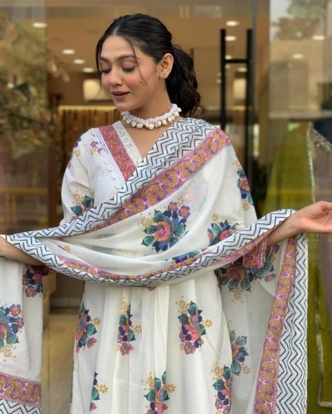 Blooming Cotton Kurti Set with Matching Printed Dupatta at Wholesale Rate Anarkali Kurtis 