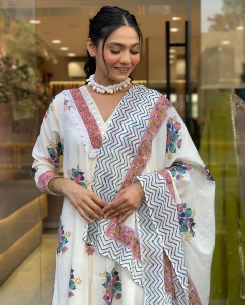 Blooming Cotton Kurti Set with Matching Printed Dupatta at Wholesale Rate Anarkali Kurtis 