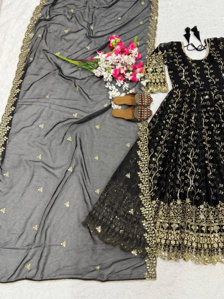 Blooming Black  Faux Georgette Anarkali Suit with 3 5m Flair   Chudi Pant With Fancy Dupatta   at Manufacturer Price Georgette Kurti 