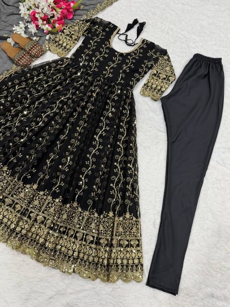 Blooming Black  Faux Georgette Anarkali Suit with 3 5m Flair   Chudi Pant With Fancy Dupatta   at Manufacturer Price Georgette Kurti 