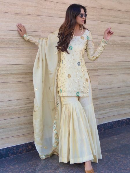 Blooming Front Work Chinnon  Sharara Set with Embroidery Work for Party Wear Ready To Wear Suit