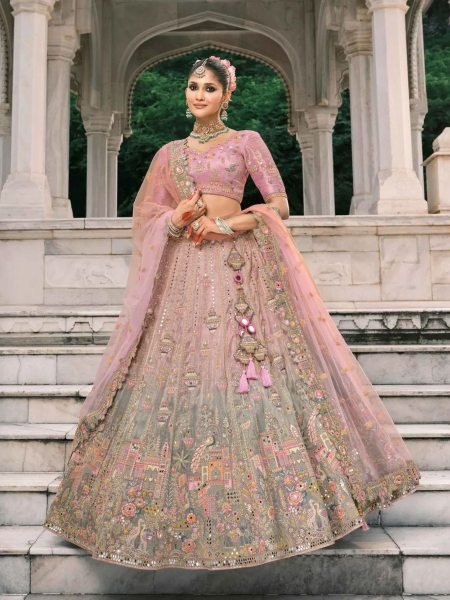 Blossom Pink And Grey Bridal Lehenga With Stunning Designer Embroidery