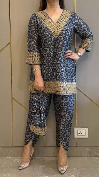 Blue Ajrakh Print Mul Cotton Co ord with Intricate Golden Work for Celebrations Kurti With Bottom Wholesale