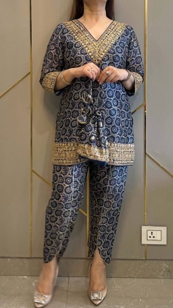 Blue Ajrakh Print Mul Cotton Co ord with Intricate Golden Work for Celebrations Kurti With Bottom Wholesale