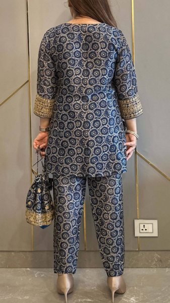Blue Ajrakh Print Mul Cotton Co ord with Intricate Golden Work for Celebrations Kurti With Bottom Wholesale