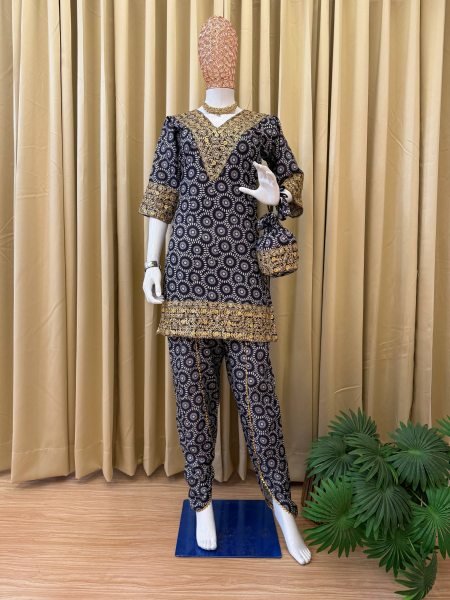 Blue Ajrakh Print Mul Cotton Co ord with Intricate Golden Work for Celebrations Kurti With Bottom Wholesale