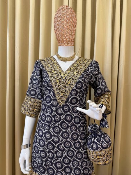 Blue Ajrakh Print Mul Cotton Co ord with Intricate Golden Work for Celebrations Kurti With Bottom Wholesale